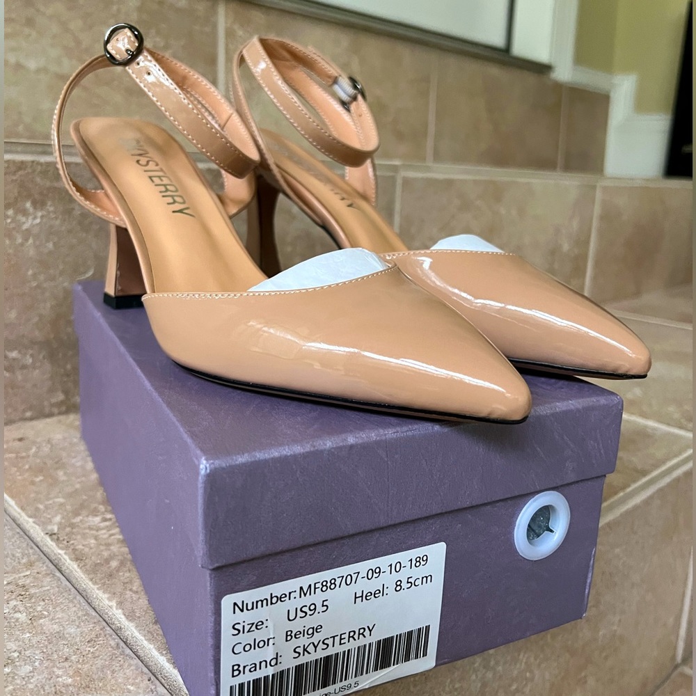 Size 9.5, Skysterry, women’s pointed, toe, patent, sling back, high heel pumps